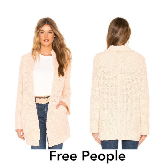 NWT Free People Waterfront Cardigan Sweater L | Pink Peach Knit Open Front Pocke - Picture 1 of 6